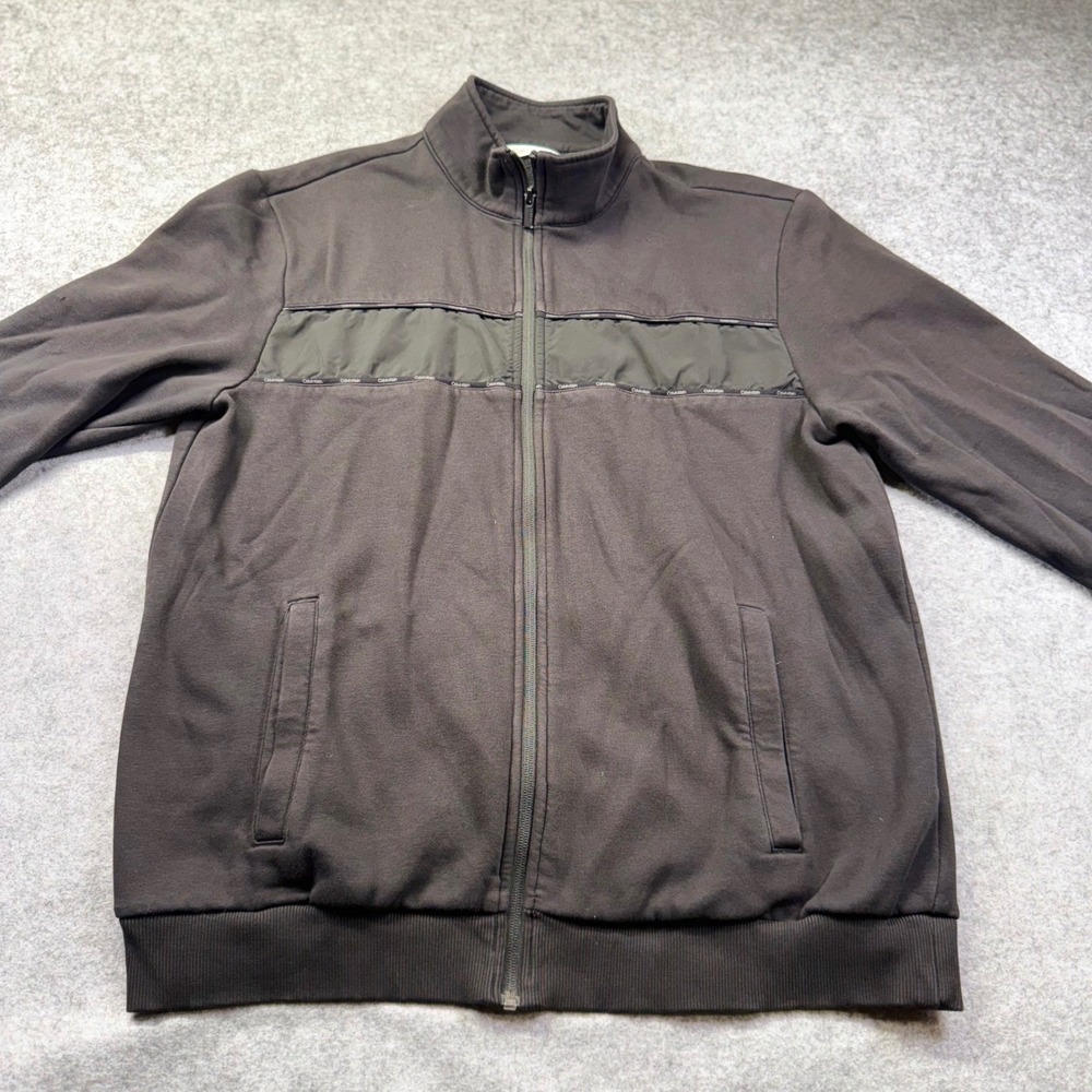 Calvin Klein‎ Full Zip Men L Black Good Mock Neck Fleece Jacket Striped Logo